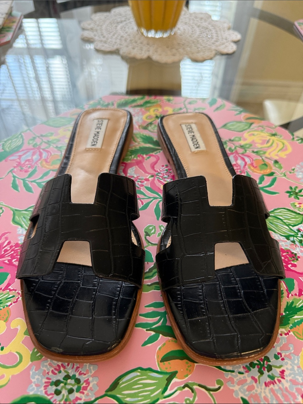 Steve Madden Black Croc-Embossed Slip-On Mules
